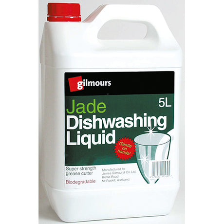 Gilmours Jade Dishwash Liquid 5L: Eco-friendly, powerful grease-cutting formula for sparkling clean dishes with a pleasant fragrance.