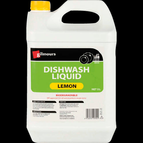 Gilmours Lemon Dishwash Liquid 5L bottle, featuring a refreshing lemon scent and effective grease-cutting formula for spotless dishes.