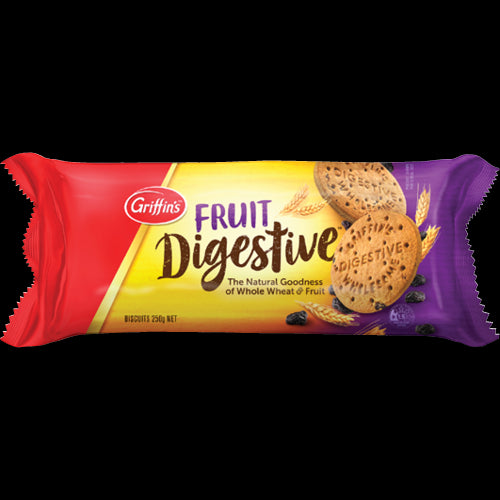 Griffin's 250g Fruit Digestive Biscuits with real fruits and whole wheat, promoting guilt-free snacking, made in New Zealand.