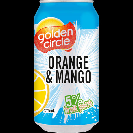 Golden Circle Orange & Mango Soft Drink 375ml pack of 24, featuring a refreshing tropical flavor perfect for any occasion.