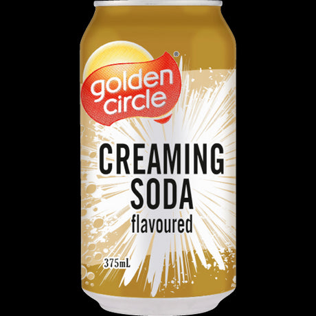 Golden Circle Creaming Soda 375ml cans, 24-pack, featuring sweet creamy flavor and vibrant color, perfect for gatherings.