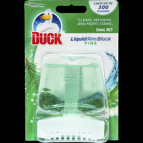 Duck Pine Toilet Liquid Rim Block 50ml: A powerful, pine-scented cleaner that freshens and fights stains for up to 300 flushes.