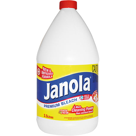 Janola Lemon Fresh Premium Bleach 2.5L bottle, designed for powerful cleaning and disinfection with a refreshing citrus scent.