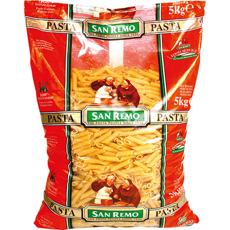 Premium San Remo Penne Rigati Pasta #18, 5kg, crafted from durum wheat with ridged texture for sauce absorption.