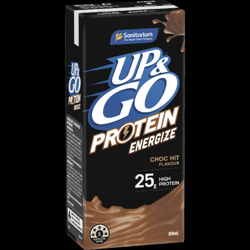 Sanitarium Up & Go Protein Energize Choc Hit Liquid Breakfast, 12 x 350ml bottles, rich chocolate flavor, high in protein.