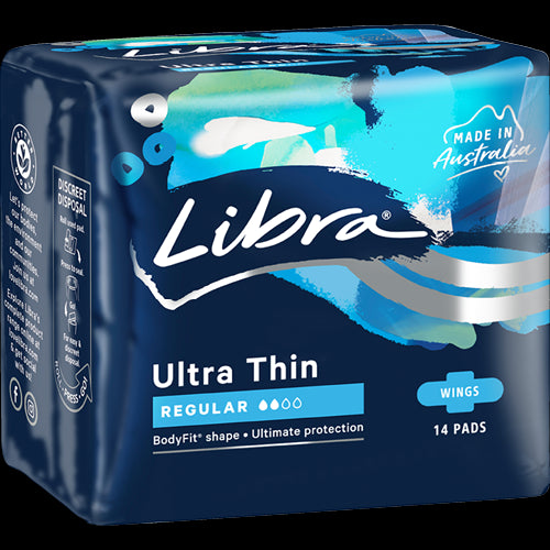 Libra Ultra Thin Regular Pads with Wings 14-pack, designed for comfort and secure fit during medium-flow days.