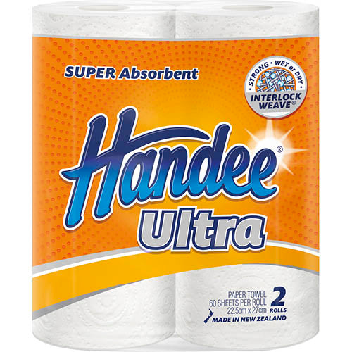 Handee Ultra 2 Ply Paper Towels 2pk, featuring 60 ultra-absorbent sheets per roll, eco-friendly, biodegradable, and microwave safe.