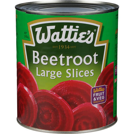 Wattie's 2.95kg beetroot slices, rich in flavor and nutrition, perfect for salads, sandwiches, and side dishes.