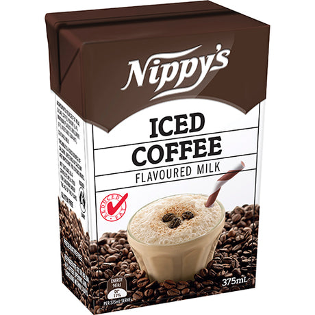 Nippy's Iced Coffee Flavoured Milk in 375ml bottles, pack of 24, gluten-free, energizing drink with rich coffee flavor.