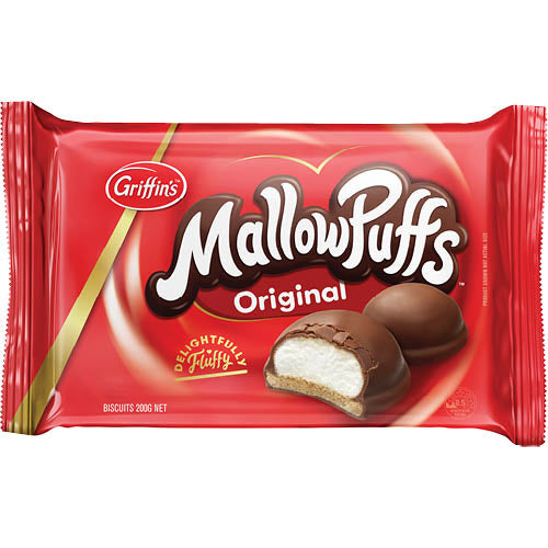 Griffin's MallowPuffs Original Chocolate Biscuits, soft marshmallow on crispy biscuits, coated in rich milk chocolate, 200g pack.