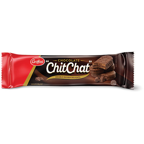 Double-decker Griffin's Chit Chat Chocolate Biscuits with creamy filling, coated in smooth milk chocolate, 180g box.