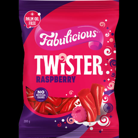 RJ's Fabulicious Raspberry Twister 200g features chewy licorice spirals bursting with juicy raspberry flavor.