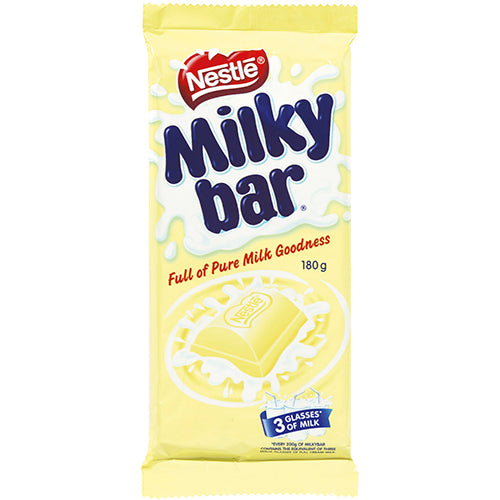 Nestle Milky Bar Classic White Chocolate Block 180g, creamy white chocolate with no artificial colors or flavors, perfect for baking.