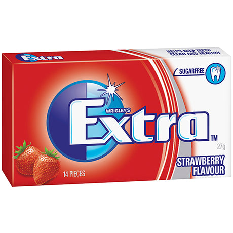 Wrigley's Extra Strawberry Sugarfree Gum pack with 24 pieces, promoting freshness, flavor, and oral health support.