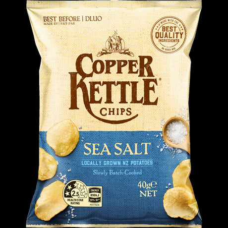 Crispy Copper Kettle Sea Salt Potato Chips, handmade from premium NZ potatoes in a 40g pack for delicious snacking.