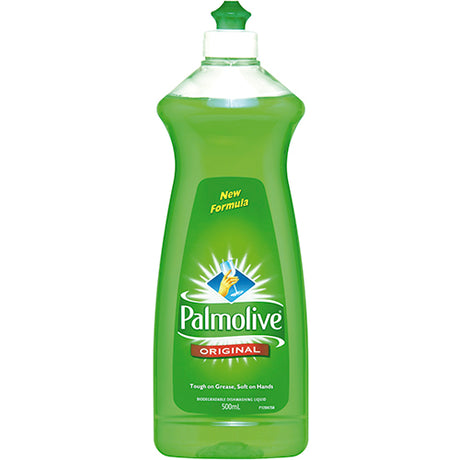 Palmolive Original Dishwashing Liquid 500ml, gentle on hands, cuts through grease, leaves dishes sparkling clean and eco-friendly.