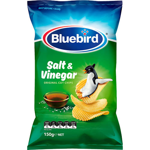 Bluebird Originals Salt & Vinegar Potato Chips 150g, featuring crispy chips with tangy seasoning, perfect for sharing and snacking.