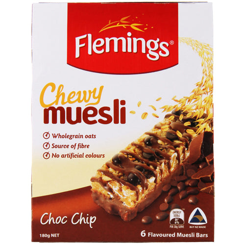 Flemings Choc Chip Chewy Muesli Bars pack, featuring oats, chocolate chips, and no artificial colors, perfect for snacking.