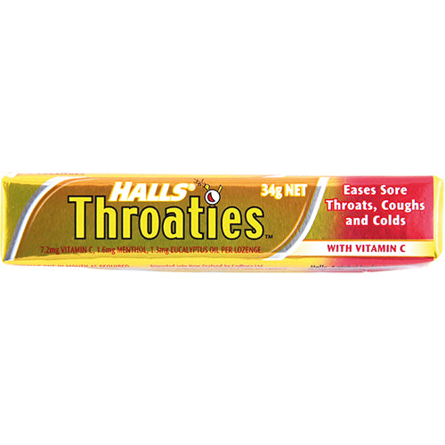 Halls Throaties Lozenges Honey & Lemon, soothing throat relief with a tasty honey-lemon flavor, perfect for cold and flu season.