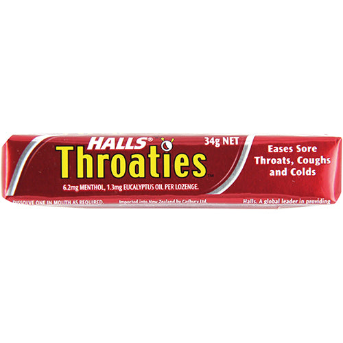 Halls Throaties Lozenges Original 34g, soothing menthol and eucalyptus lozenges for throat relief and refreshing taste.