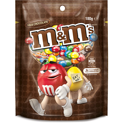 M&M's Milk Chocolate Pouch 180g, colorful candies coated in milk chocolate, perfect for sharing and celebrating.