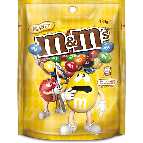 A vibrant 180g pouch of M&M's featuring crunchy milk chocolate and roasted peanuts in a colorful crispy shell.