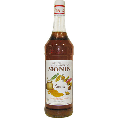 Monin Natural Caramel Syrup 1L bottle, ideal for enhancing beverages and desserts with rich, velvety caramel flavor.