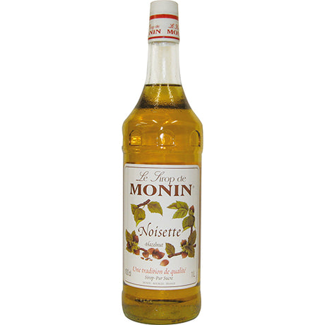 Monin Natural Hazelnut Syrup 1L bottle, perfect for enhancing drinks and desserts with rich, nutty flavor.