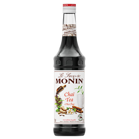 Monin Chai Tea Syrup 1L bottle showcasing authentic chai flavors, ideal for lattes, cocktails, and desserts.