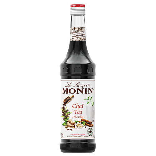 Monin Chai Tea Syrup 1L bottle showcasing authentic chai flavors, ideal for lattes, cocktails, and desserts.