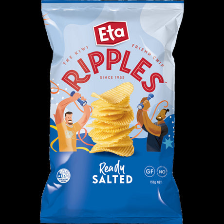 Crunchy Eta Ripple Cut Ready Salted Potato Chips, made from New Zealand potatoes, gluten-free, and perfect for sharing.