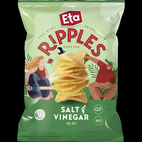 Bag of Eta Ripple Cut Salt Vinegar Potato Chips featuring golden crunchy chips made from New Zealand potatoes, gluten-free.