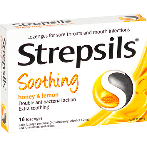 Strepsils Honey & Lemon Lozenges pack of 16 for soothing sore throat relief with antibacterial properties and delicious flavor.