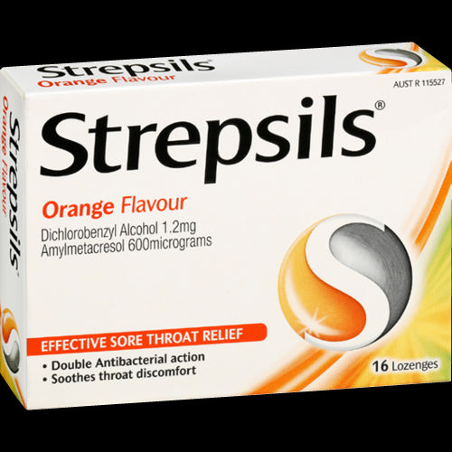 Strepsils Orange Flavour Lozenges 16pk for soothing sore throat relief with antibacterial protection and delicious taste.