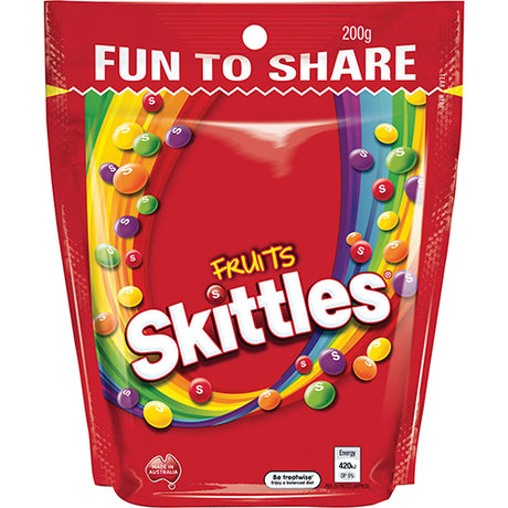 Colorful Skittles Fruits 200g pouch featuring a mix of chewy lemon, orange, strawberry, green apple, and grape candies.