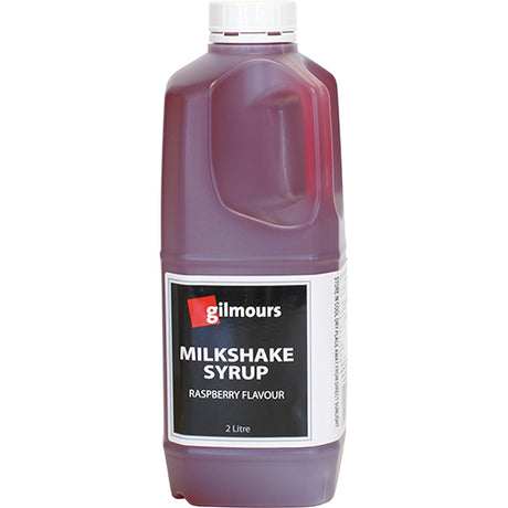 Gilmours Raspberry Flavoured Milkshake Syrup in a 2L bottle, perfect for creating delicious raspberry milkshakes and desserts.