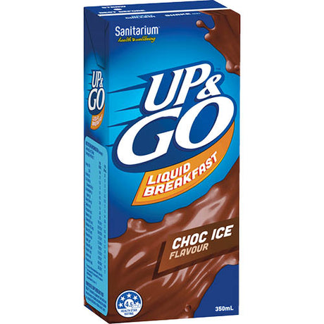 Sanitarium Up & Go Choc Ice Flavour breakfast drinks, 12 x 350ml, protein-rich, 98.5% fat-free, in convenient packaging.