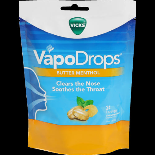 Vicks VapoDrops Butter Menthol Lozenges 24pk for soothing throat relief and nasal congestion, featuring a refreshing menthol flavor.