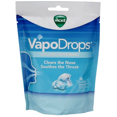 Vicks VapoDrops Cooling Peppermint Lozenges 24pk for soothing throat relief and nasal comfort during cold and allergy seasons.