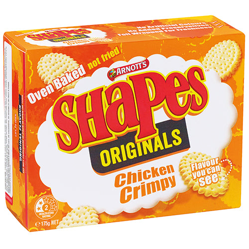 Crispy Arnott's Shapes Chicken Crimpy Crackers, 175g, offering savory chicken flavor, baked for a healthier snack.