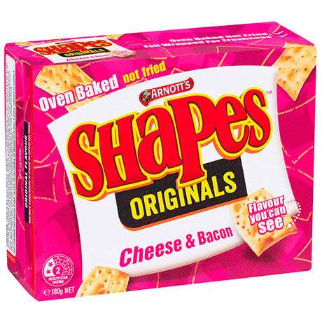 Arnott's Shapes Cheese & Bacon Crackers in a 180g box, offering a crunchy, flavorful snack with cheese and bacon taste.