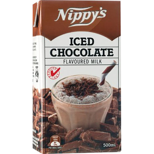 Nippy's Iced Chocolate Milk 500ml pack of 12, rich and creamy chocolate flavor, perfect for picnics and lunchboxes.