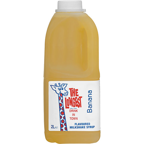 Bottle of Longest Drink Banana Milkshake Syrup, 2L, perfect for making creamy banana milkshakes at home.