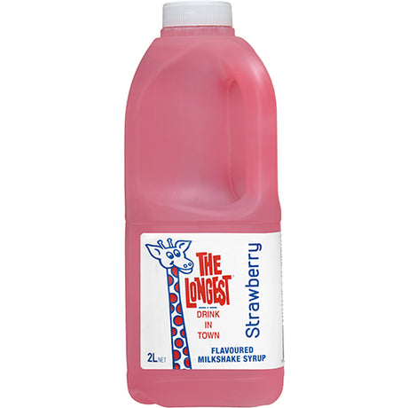 2L bottle of Longest Drink Strawberry Milkshake Syrup for creamy strawberry shakes, desserts, and festive cocktails.