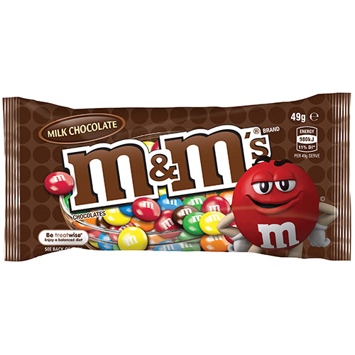 M&M's Milk Chocolate pack featuring 12 colorful 49g pouches of rich, creamy chocolate treats, perfect for sharing and snacking.