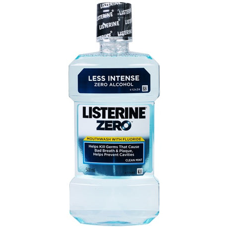 Listerine Zero Clean Mint Mouthwash, alcohol-free, fluoride-infused for fresh breath and strong teeth, ideal for daily use.