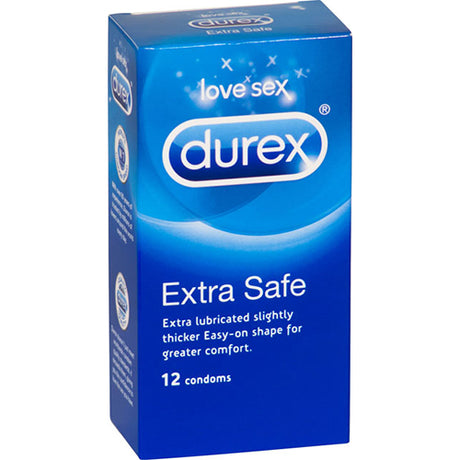 Durex Extra Safe Condoms 12pk, featuring thicker latex and extra lubrication for maximum protection and comfort during intimacy.