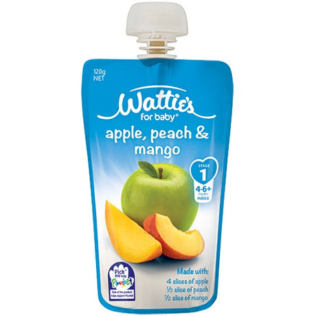 A smooth, organic apple, peach, and mango puree for babies 4-6 months, packed with essential nutrients and no added preservatives.