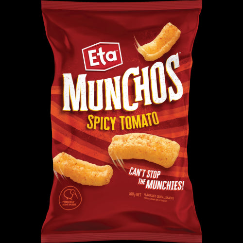 Crunchy Eta Munchos Spicy Tomato Snacks, packed with zesty tomato flavor and a spicy kick for any snack craving.