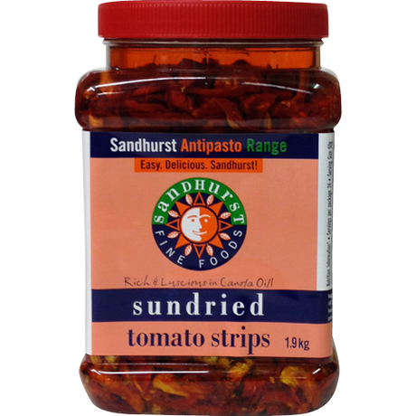 Sandhurst 2kg sun-dried tomato strips, rich in flavor, perfect for enhancing salads, pasta, and gourmet dishes.